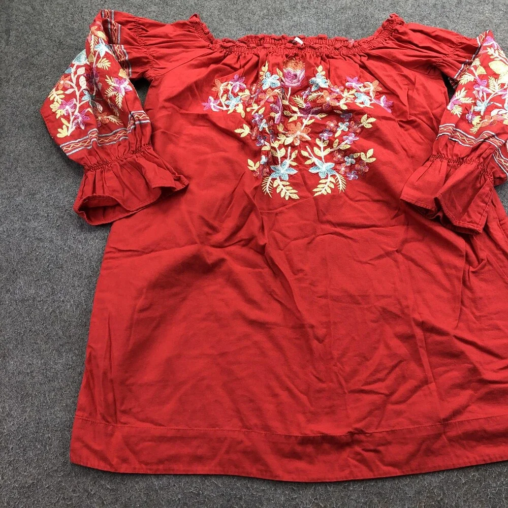 Free People Dress Womens Medium Red Embroidered Off Shoulder Boho Long Sleeve